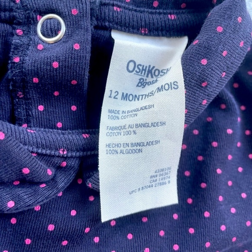 10/$25💥Like New Oshkosh Peter Pan Collar Long Sleeve Bodysuit, Navy Polka Dots